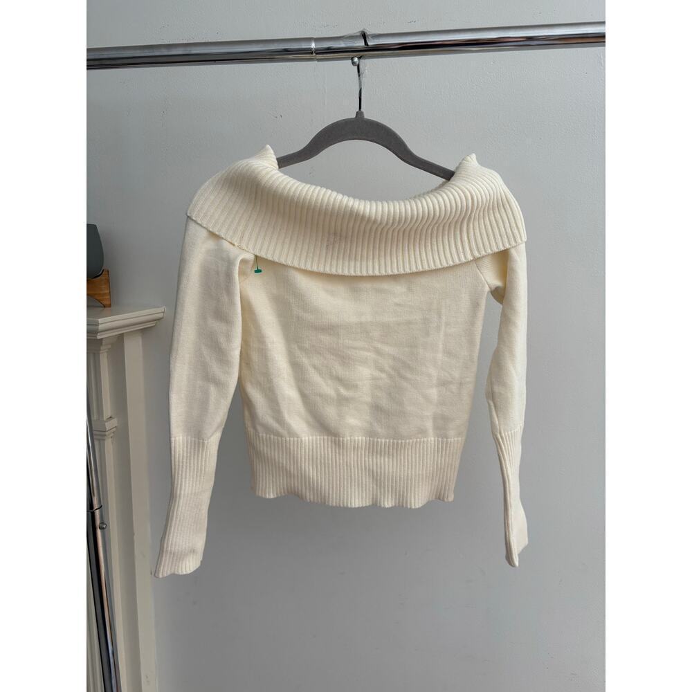 Women’s Ivory Off Shoulder Sweater Ribbed Foldover Cowl Neck Knit Pullover - Picture 8 of 10